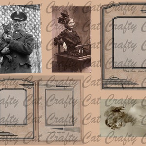 May include: A collage of vintage photographs in black and white with decorative frames. The frames have a dark brown border with a light brown background and a decorative design in the corners. The photos feature a man holding a cat, a woman sitting in a chair, and a close-up of a woman's face.