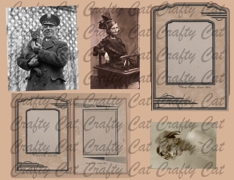 May include: A collage of vintage photographs in black and white with decorative frames. The frames have a dark brown border with a light brown background and a decorative design in the corners. The photos feature a man holding a cat, a woman sitting in a chair, and a close-up of a woman's face.