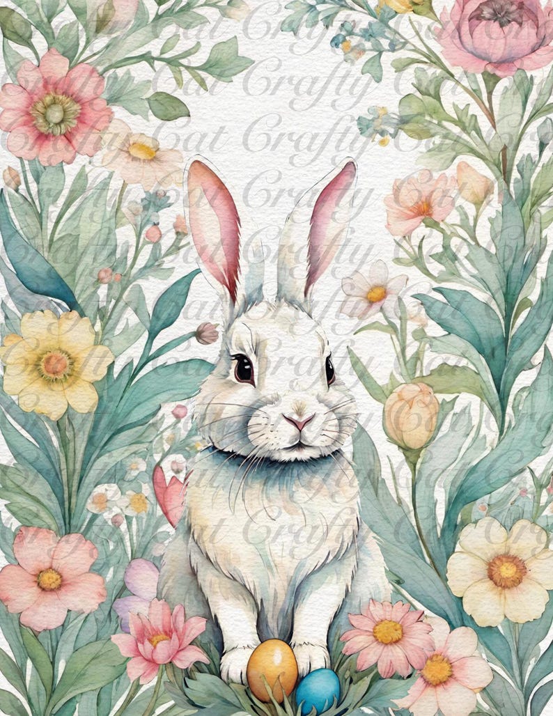 Peut inclure: Un lapin blanc aux oreilles roses est assis dans un nid de fleurs pastel et de feuilles vertes. Le lapin tient deux &oelig;ufs de P&acirc;ques, un jaune et un bleu.