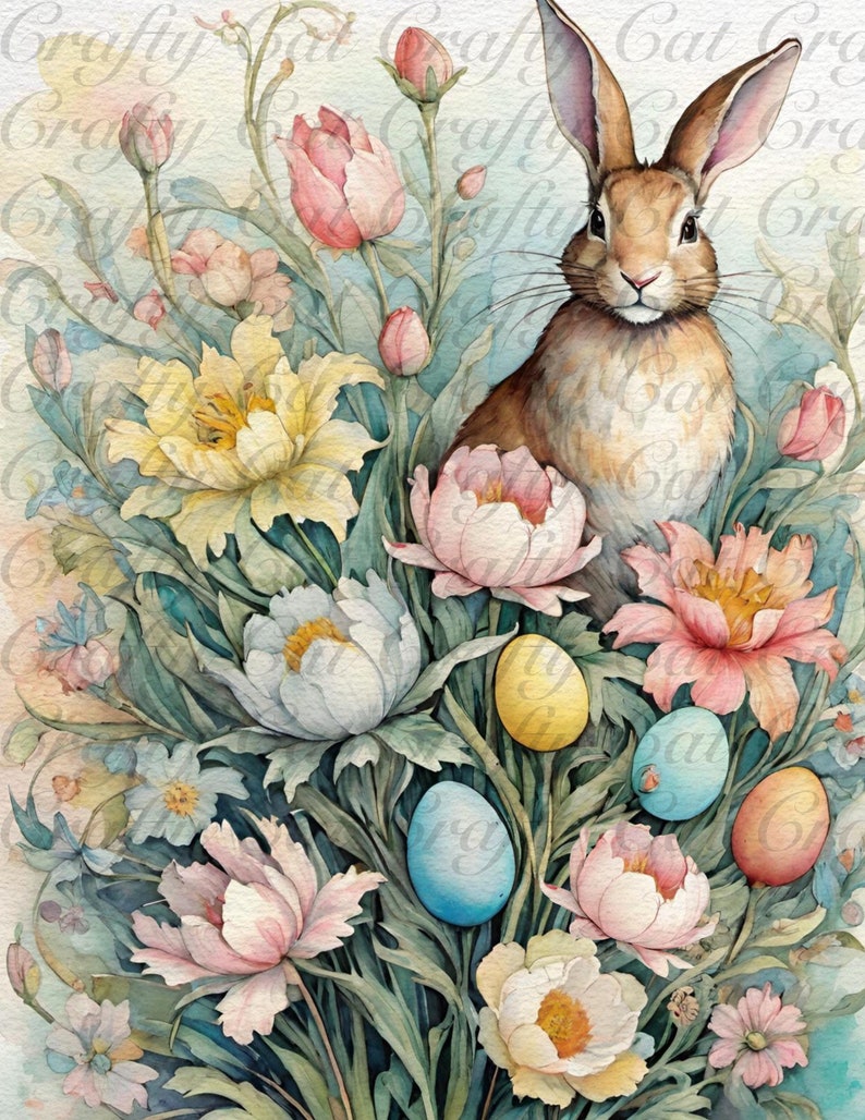 Peut inclure: Une peinture &agrave; l'aquarelle d'un lapin brun assis dans un bouquet de fleurs roses pastel, jaunes et blanches. Les fleurs sont entour&eacute;es de feuilles vertes et plusieurs &oelig;ufs de P&acirc;ques color&eacute;s sont dispers&eacute;s dans le bouquet.