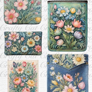 Peut inclure: Quatre pochettes en tissu avec des motifs floraux diff&eacute;rents. Les motifs pr&eacute;sentent des fleurs roses, blanches et jaunes avec des feuilles vertes sur un fond bleu, vert ou blanc. Le texte "CraftyCatUSA Pockets" est en haut de l'image.