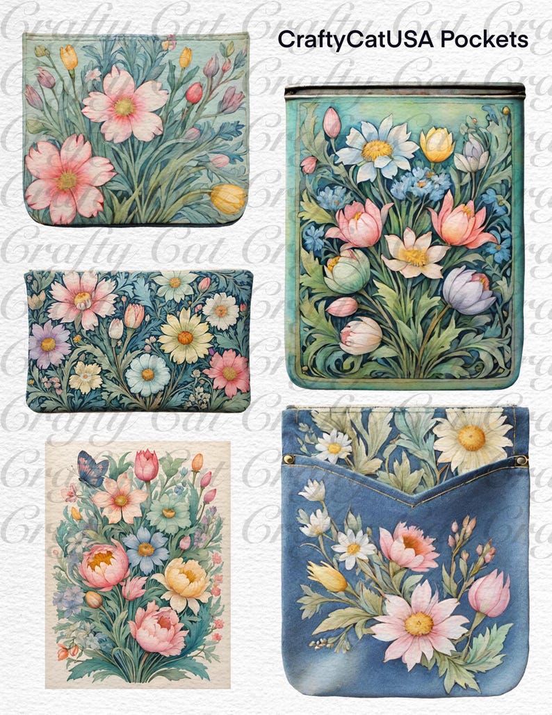 Peut inclure: Quatre pochettes en tissu avec des motifs floraux diff&eacute;rents. Les motifs pr&eacute;sentent des fleurs roses, blanches et jaunes avec des feuilles vertes sur un fond bleu, vert ou blanc. Le texte "CraftyCatUSA Pockets" est en haut de l'image.