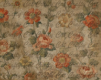 May include: A vintage floral pattern on a burlap background. The flowers are in shades of red, orange, and yellow. The background is a light brown color with a woven texture.