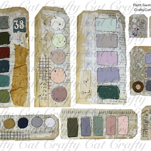 Könnte beinhalten: Eine Sammlung von Farbmuster-Tags mit verschiedenen Farben und Formen. Die Tags bestehen aus gealtertem Papier und weisen rechteckige und kreisförmige Farbmuster in Grün-, Blau-, Rot- und Rosatönen auf. Der Text "Paint Swatches CraftyCatUSA" ist sichtbar.