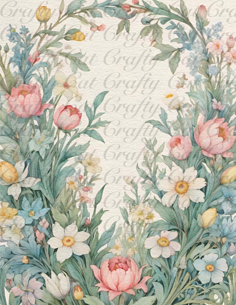 Peut inclure: Une peinture &agrave; l'aquarelle d'une couronne florale avec des fleurs roses, blanches et bleues. Les fleurs sont dispos&eacute;es en cercle autour d'un fond blanc. Les fleurs sont peintes dans un style r&eacute;aliste.