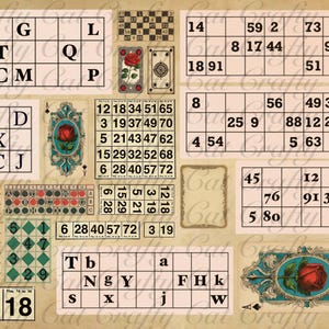 May include: A collage of vintage-style bingo cards, playing cards, and game boards. The design features a variety of numbers, letters, and decorative elements, including a rose illustration. The color palette is primarily beige, brown, and black.