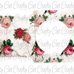 May include: A white background with a circular frame surrounded by a pattern of pink and red roses with green leaves. The roses are arranged in a repeating pattern.