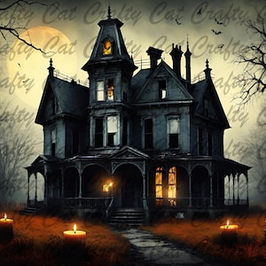 May include: A spooky, dark, and mysterious Victorian-style house with lit windows and a full moon in the background. The house is surrounded by trees and a path leads to the front door. There are candles on the ground in front of the house.