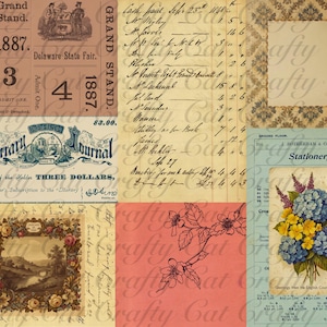Puede incluir: Un collage de efímeras vintage con boletos, recibos e ilustraciones florales. La imagen incluye un boleto para la Feria Estatal de Delaware en 1887, un recibo de Literary Journal y un ramo de flores. La paleta de colores es apagada.