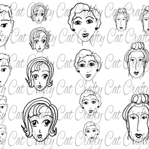 Può includere: Un set di 12 disegni in bianco e nero di volti, tra cui volti maschili e femminili. I volti sono disegnati in uno stile semplice e cartonato.