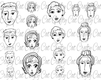 May include: A set of 12 black and white line drawings of faces, including both male and female faces. The faces are drawn in a simple, cartoon style.