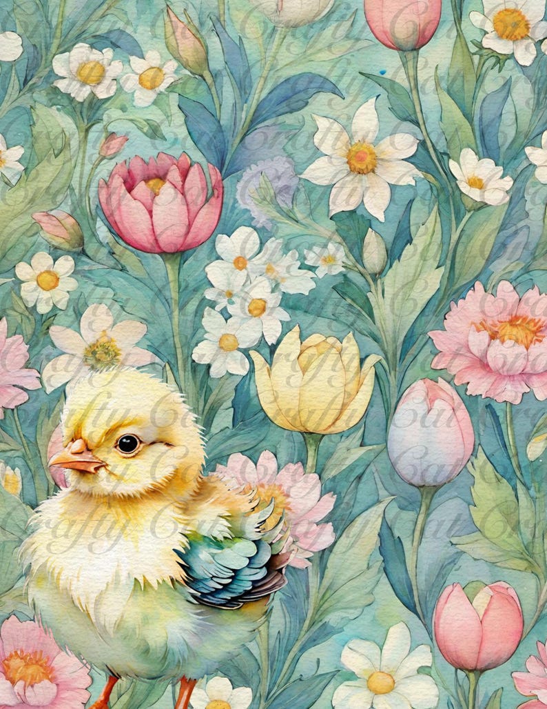 Peut inclure: Un petit poussin jaune avec des plumes bleues et vertes se tient dans un champ de fleurs roses, blanches et jaunes. L'arri&egrave;re-plan est une aquarelle bleu clair.