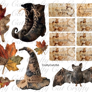 May include: A collection of digital craft elements featuring patchwork-style autumn leaves, a pair of dark lace-up boots, a weathered witch hat, a bat, and eight rectangular labels with coffee-stained textures and text including Thanksgiving Blessings.