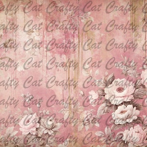 May include: A digital paper background with a pink and brown color scheme. The background features a distressed wood texture with white paint splatters and a floral pattern with white and brown roses.