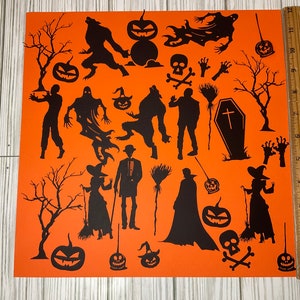 May include: Orange paper with black Halloween themed silhouettes.  The silhouettes include pumpkins, ghosts, bats, witches, werewolves, a coffin, and a skull and crossbones.