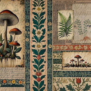 May include: A vintage-style collage featuring a variety of botanical illustrations. The collage includes mushrooms, ferns, flowers, and a newspaper clipping. The background is cream with a green and blue border.