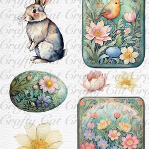 Peut inclure: Un ensemble de cinq illustrations num&eacute;riques dans un style aquarelle. Les illustrations comprennent un lapin, un oiseau, une fleur et deux &oelig;ufs avec des motifs floraux.