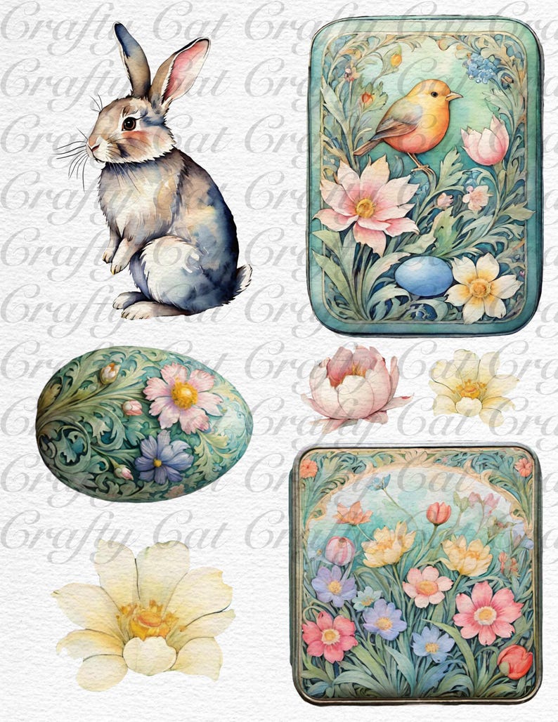 Peut inclure: Un ensemble de cinq illustrations num&eacute;riques dans un style aquarelle. Les illustrations comprennent un lapin, un oiseau, une fleur et deux &oelig;ufs avec des motifs floraux.