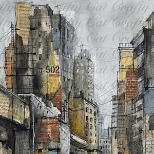 May include: A mixed media artwork depicting a city street scene with tall, weathered buildings in shades of gray, brown, and ochre. The composition features brick textures, collage elements with printed text, and black ink lines representing power lines.