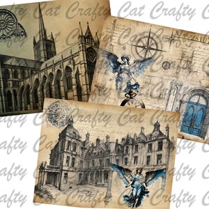 Pode incluir: Quatro folhas de colagem digital que apresentam ilustrações vintage de detalhes arquitetônicos, incluindo uma catedral, um edifício com uma torre do relógio, uma porta com uma porta azul e um anjo com asas. As imagens são em preto e branco com acentos azuis.