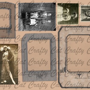 May include: A collage of vintage photographs in various frames. The frames are decorated with ornate designs and have a distressed look. The photos feature people from different eras, including a woman in a long dress, a group of people standing together, and a woman in a hat.