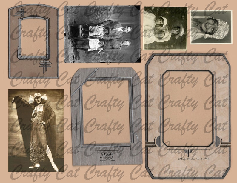 May include: A collage of vintage photographs in various frames. The frames are decorated with ornate designs and have a distressed look. The photos feature people from different eras, including a woman in a long dress, a group of people standing together, and a woman in a hat.