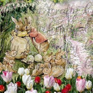 Può includere: Un'illustrazione ad acquerello di Peter Rabbit e dei suoi fratelli in un ambiente da giardino. I conigli sono riuniti intorno a un sacco di carote, con un ponte e un sentiero che conduce sullo sfondo. La scena è circondata da un bordo di tulipani colorati.