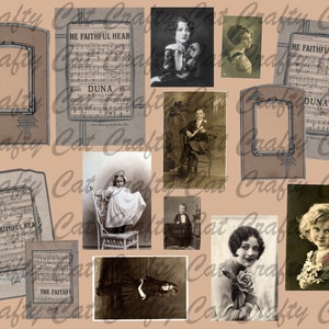 May include: A collage of vintage images featuring portraits of people, sheet music, and decorative frames. The images are in black and white and have a sepia tone. The sheet music features the text "HE FAITHFUL HEAR" and "DUNA".