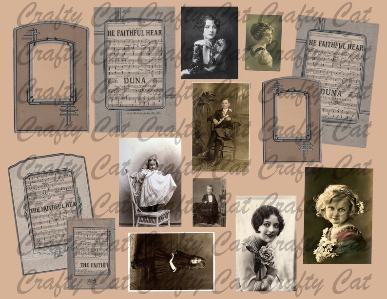 May include: A collage of vintage images featuring portraits of people, sheet music, and decorative frames. The images are in black and white and have a sepia tone. The sheet music features the text "HE FAITHFUL HEAR" and "DUNA".