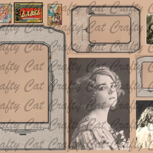 May include: A vintage collage of images with a decorative frame, a label, and a portrait of a woman. The collage is on a beige background with a repeating pattern of the words "Crafty Cat".