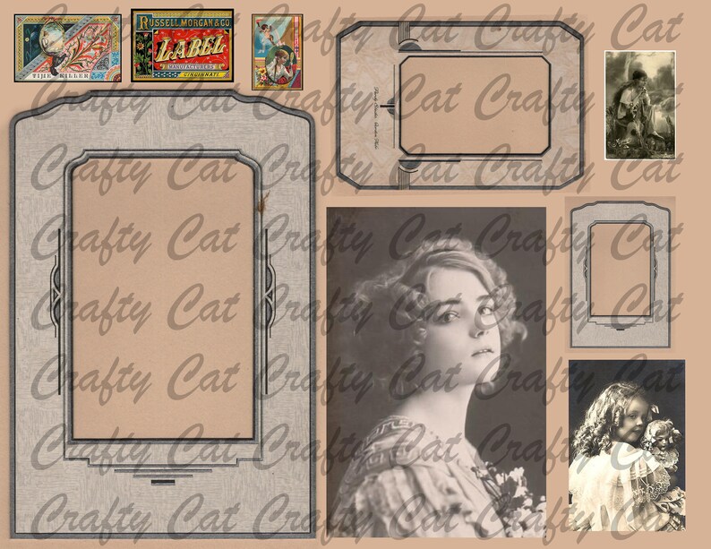 May include: A vintage collage of images with a decorative frame, a label, and a portrait of a woman. The collage is on a beige background with a repeating pattern of the words "Crafty Cat".