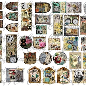 May include: A collection of vintage-style digital scrapbook paper featuring a variety of designs, including numbers, words, and images. The paper is in a distressed, aged style with a rustic, earthy color palette.
