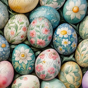 Peut inclure: Une collection d'&oelig;ufs de P&acirc;ques peints de mani&egrave;re complexe avec des motifs floraux dans des tons de bleu, vert, rose et jaune. Les &oelig;ufs sont dispos&eacute;s en grappe, cr&eacute;ant un affichage visuellement attrayant et festif.