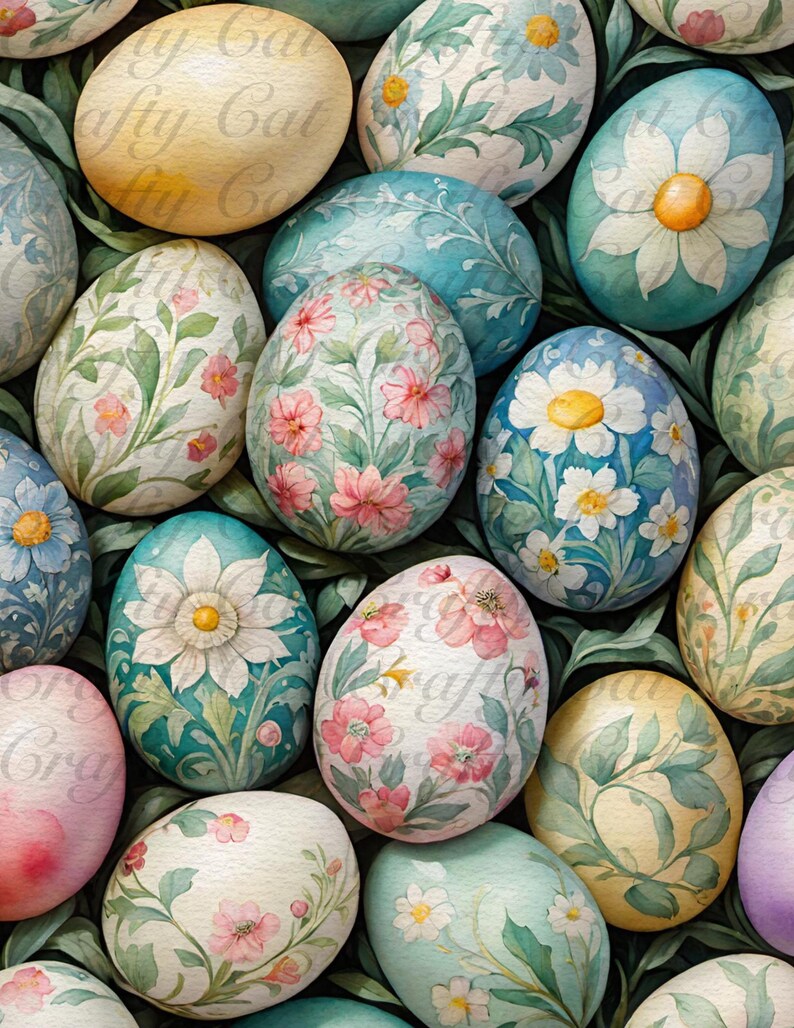 Peut inclure: Une collection d'&oelig;ufs de P&acirc;ques peints de mani&egrave;re complexe avec des motifs floraux dans des tons de bleu, vert, rose et jaune. Les &oelig;ufs sont dispos&eacute;s en grappe, cr&eacute;ant un affichage visuellement attrayant et festif.