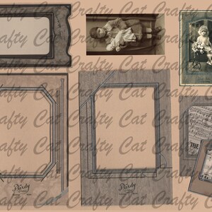 May include: A digital collage sheet with vintage-style frames and images. The sheet features a variety of frames, including a rectangular frame with a woodgrain finish, a square frame with a black border, and a round frame with a white border. The sheet also includes images of children, a musical score, and a decorative design.