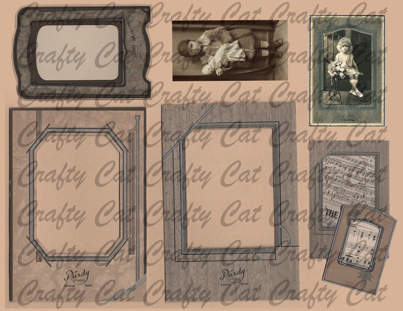 May include: A digital collage sheet with vintage-style frames and images. The sheet features a variety of frames, including a rectangular frame with a woodgrain finish, a square frame with a black border, and a round frame with a white border. The sheet also includes images of children, a musical score, and a decorative design.