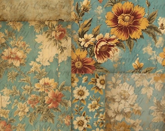 May include: A collage of vintage floral patterned papers. The papers feature large flowers in shades of yellow, red, and cream against a teal background. Some papers have a distressed, aged appearance, with visible wood grain.