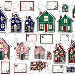 Puede incluir: Un conjunto de 14 imágenes de clipart digital que presentan varios estilos de casas de Navidad. Las casas están decoradas con patrones de cuadros, copos de nieve y bastones de caramelo. Las imágenes son perfectas para proyectos de manualidades, scrapbooking y diseño digital.
