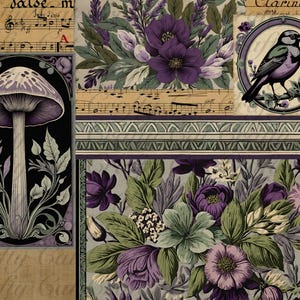May include: A vintage-style collage featuring a purple mushroom, a bird perched on a branch, and a floral pattern with purple flowers and green leaves. The collage is set against a background of sheet music.