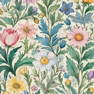 Peut inclure: Une peinture &agrave; l'aquarelle d'un motif floral avec des fleurs roses, jaunes, bleues et blanches. Les fleurs sont entour&eacute;es de feuilles et de tiges vertes.