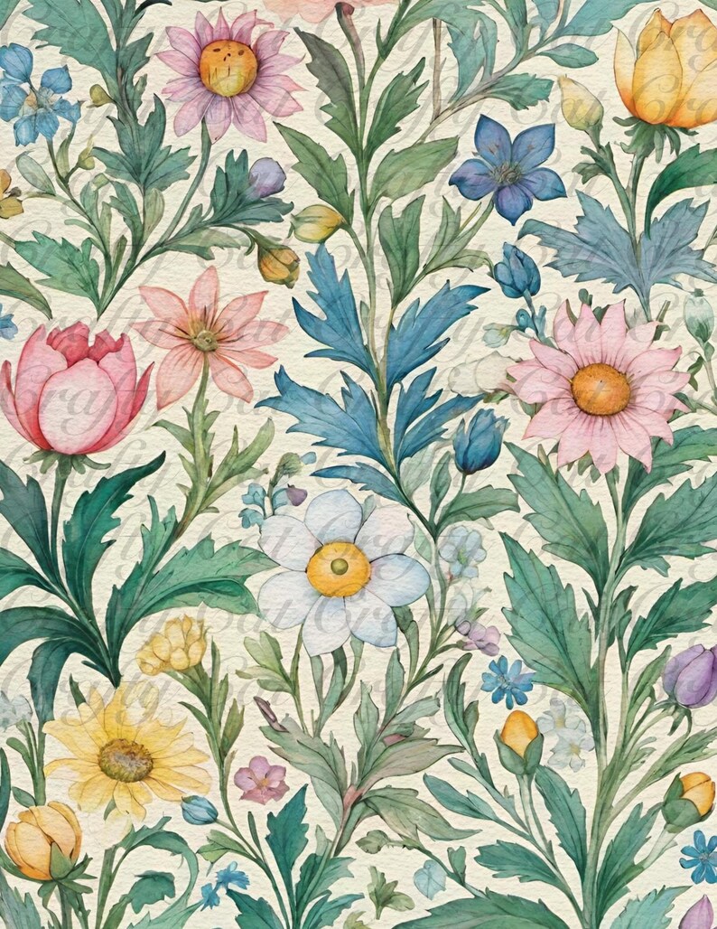 Peut inclure: Une peinture &agrave; l'aquarelle d'un motif floral avec des fleurs roses, jaunes, bleues et blanches. Les fleurs sont entour&eacute;es de feuilles et de tiges vertes.