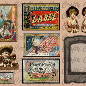 May include: A vintage collage of images featuring a framed picture, a label for Russell, Morgan & Co., a label for Fenno's Boys' Hats & Caps, a label for Time Killer, and two images of women wearing hats.