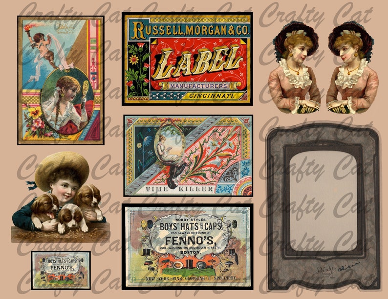 May include: A vintage collage of images featuring a framed picture, a label for Russell, Morgan & Co., a label for Fenno's Boys' Hats & Caps, a label for Time Killer, and two images of women wearing hats.
