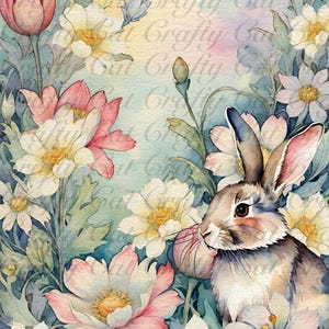 Peut inclure: Une peinture &agrave; l'aquarelle d'un lapin brun assis dans un champ de fleurs blanches et roses. Le lapin regarde vers la droite et a un aspect doux et moelleux. Les fleurs sont en pleine floraison et ont des p&eacute;tales d&eacute;licats.