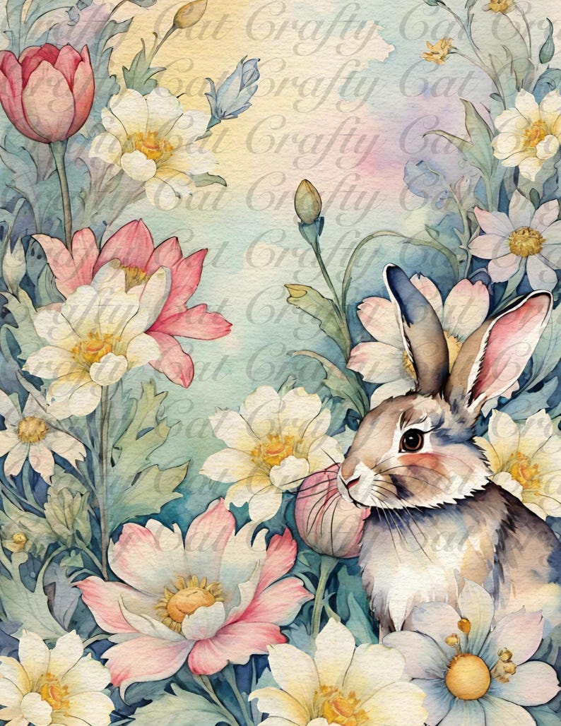 Peut inclure: Une peinture &agrave; l'aquarelle d'un lapin brun assis dans un champ de fleurs blanches et roses. Le lapin regarde vers la droite et a un aspect doux et moelleux. Les fleurs sont en pleine floraison et ont des p&eacute;tales d&eacute;licats.