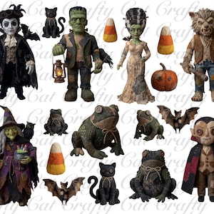 Könnte beinhalten: Eine Sammlung von Halloween-Figuren, darunter ein Vampir, Frankensteins Monster, eine Braut, ein Werwolf, eine Hexe, ein kleiner Vampir, zwei schwarze Katzen, drei Frösche, zwei Fledermäuse, ein Kürbis und drei Zuckermais-Stücke auf weißem Grund.