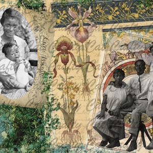 May include: Vintage collage featuring black and white photographs of people, including a mother and child, and a family. Botanical illustrations and floral patterns overlay the images, with a textured, aged appearance. The overall theme is nostalgic and historical.