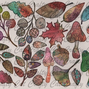 Peut inclure: Une collection de feuilles d'automne et de champignons dessinés à la main dans différentes couleurs et motifs. Les feuilles sont dans des tons de brun, rouge et vert, et les champignons sont dans des tons de rose, rouge et vert. Les dessins sont détaillés et complexes, avec une variété de textures et de motifs.