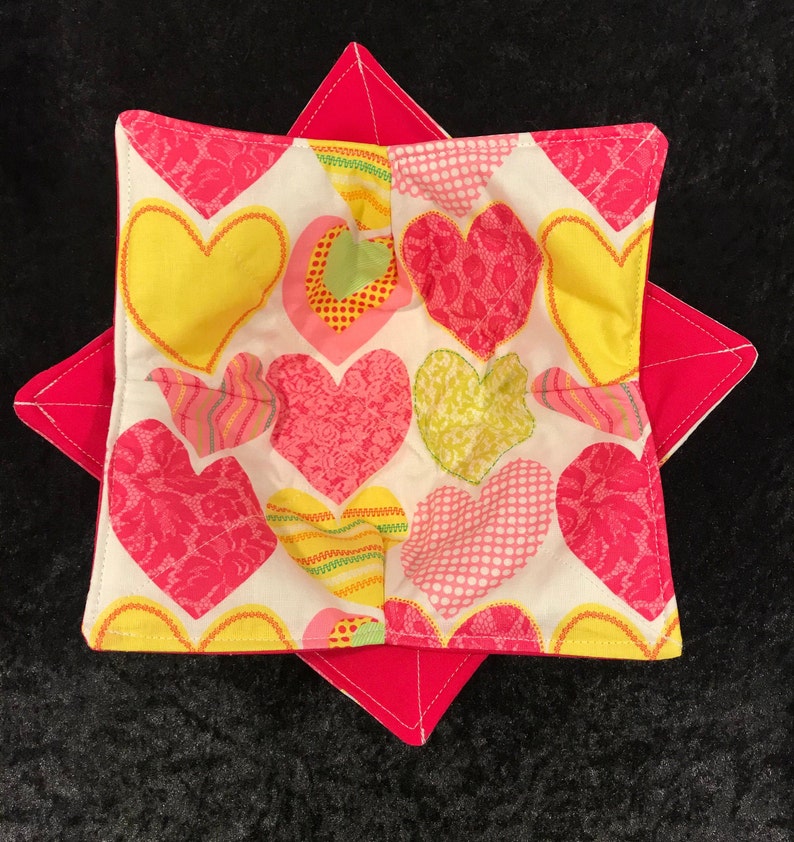Plate Cozy pot holder Pink Hearts microwave bowl cozy Quilted Soup Bowl Ice Cream Bowl