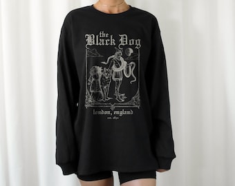 De zwarte hond | Grafische lange mouw | Teksten, Vintage, Crewneck, Academia, Tortured Poets, Londen, Engeland